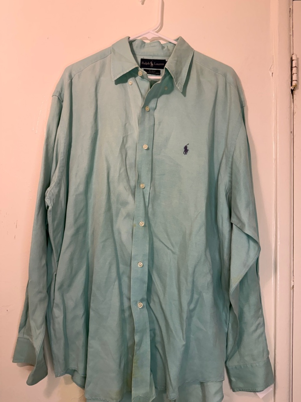 Vintage Ralph Lauren Blake Silk Linen Mint Green Pastel Button Down Shirt L